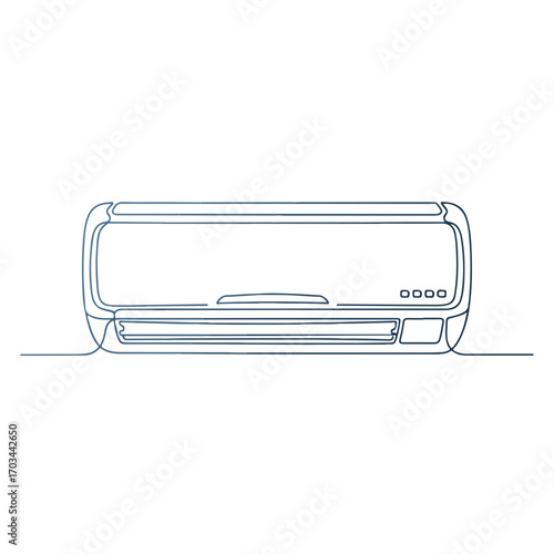 Air conditioner unit isolated on white background in minimalist drawing. Contemporary air conditioner concept showcases split system with indoor climate control, offering cooling during summer.