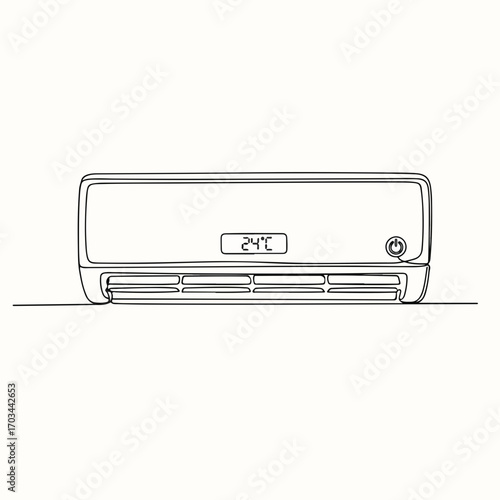 Modern air conditioner illustration in line art with minimalist design. Linear representation of climate control appliance for temperature regulation, highlighting its sleek outline.