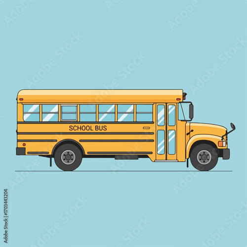 Yellow school bus on blue background, vintage style vehicle. School bus conveys students to school, symbolizing education and community. Use this school bus image for back to school campaigns.