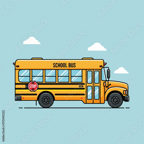 Isolated school bus illustration with yellow color on blue background. School bus is iconic, a cheerful symbol of educational transportation. Use this school bus image for back to school designs.