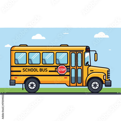 School bus on asphalt road with blue sky background. This School bus has clear windows and is ready to pick up children to take them to school.