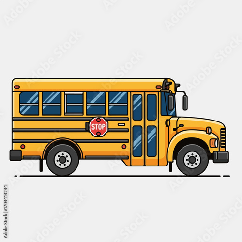 Iconic yellow school bus in profile view, parked on road. School bus presents symbol of transport, carrying pupils, students, teachers.