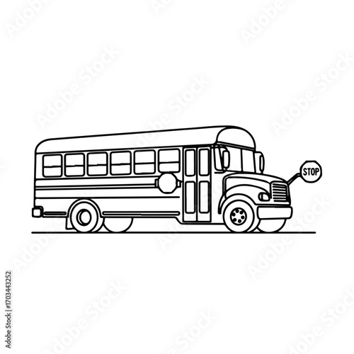 School bus illustration in black and white on white background. School bus drawing presents bus with stop sign and wheels for transport. Graphic school bus image is useful for back to school.