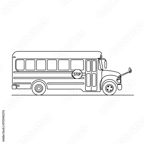 Simple school bus illustration on white background. School bus depicted with a flat design, including wheels, windows and stop sign. School bus image is perfect for a back to school advertisement.