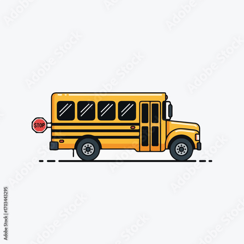 Iconic yellow school bus on white background, school bus ready for student transport. School bus with stop sign extended and black stripes along sides.