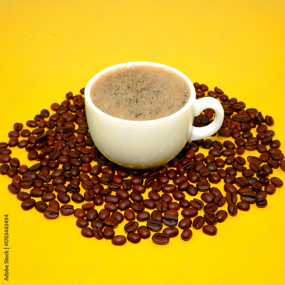 Fototapeta premium cup of coffee with beans closeup shot on yellow background close-up view 