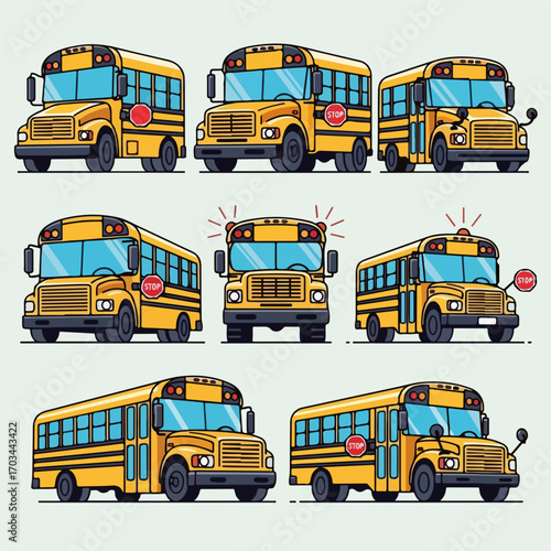 School bus illustrations set with different angles and stop signs.  Detailed school bus images showcasing various perspectives for educational projects.