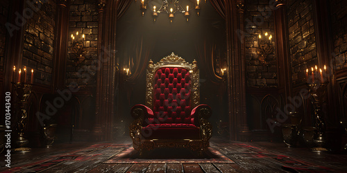 Ornate red velvet throne sits empty in a grand, dimly lit hall with flickering candlelight.