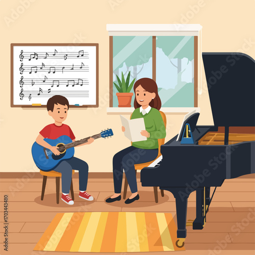Music lesson with boy playing acoustic guitar and teacher reading sheet music.  Student learning chords and melodies in classroom with piano.