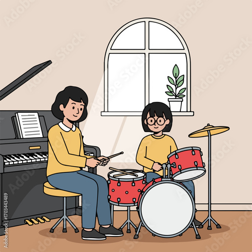 Music lesson for kids with teacher and student playing drums and piano.  Learning music together, girl plays drums while teacher shows basic techniques.