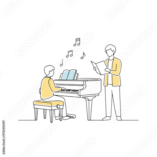 Music lesson with piano teacher and student.  Young boy learning piano notes from experienced instructor.  Grand piano is used for music education.  Perfect illustration for back to school campaign,