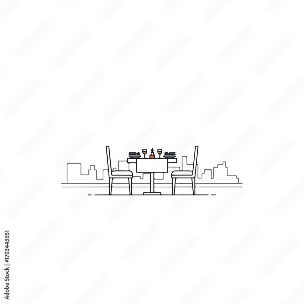 Obraz premium Romantic dinner for two on city rooftop. Table setting with plates, wine glasses, and bottles. Elegant dinner scene for couple on romantic date.