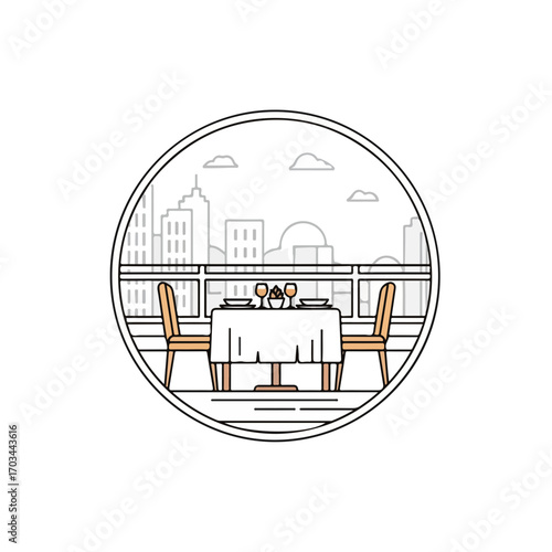 Romantic dinner for two on balcony overlooking city skyline. Table setting features elegant tablecloth, plates, and wine glasses.