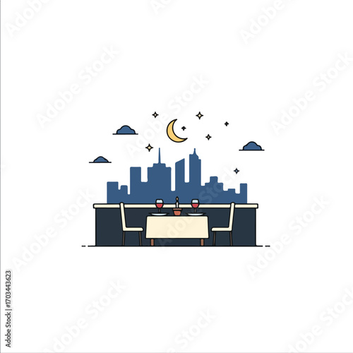 Romantic rooftop dinner for two with city skyline view. Couple enjoys intimate evening meal under moon and stars. Elegant romantic dinner setting perfect for back to school invitation or announcement.