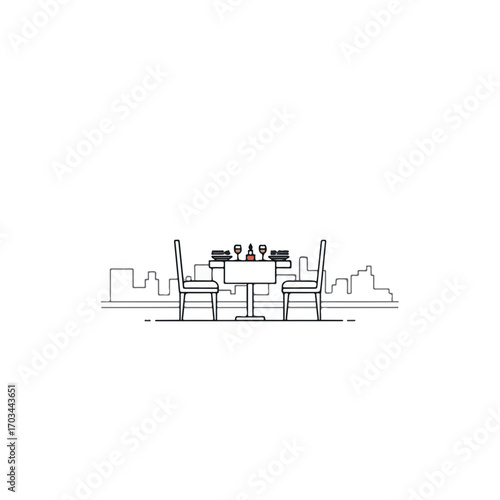 Romantic dinner for two on city rooftop. Table setting with plates, wine glasses, and bottles. Elegant dinner scene for couple on romantic date.