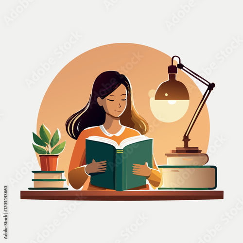 A woman engrossed in reading a book at a desk, illuminated by a lamp with a plant nearby.