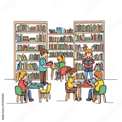 Library kids reading and studying near tall bookshelves filled with colorful books. Library kids enjoy reading and engaging with their books in a group setting, fostering a love of learning together.