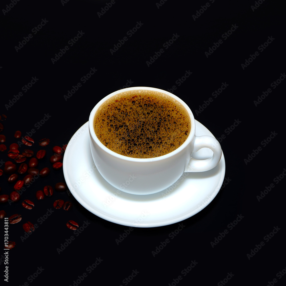 Fototapeta premium Coffee cup with coffee beans closeup view on black background