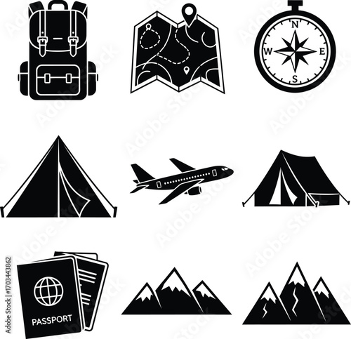 Travel and Adventure Icons Set  Illustrations for Backpacking, Tourism, Vacation, Map, Compass.