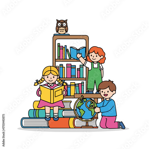 Library kids reading near bookshelf, adorable youngsters engrossed in tales. Library kids learn with education and imagination near a bookcase with owl figure.