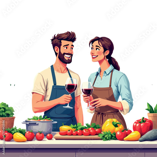 Vsai happy couple toasting with wine while preparing meal in kitchen