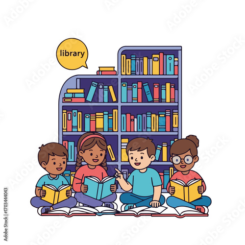 Library kids reading books near bookcase, enjoying literary adventures in school. Library kids learn from textbooks and novels, expanding their knowledge base,