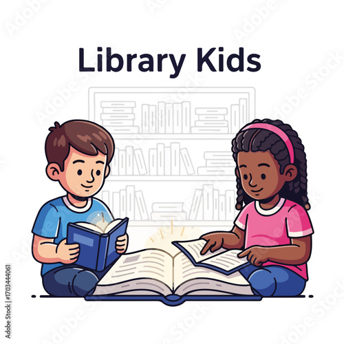 Library kids reading together with books in bright room. Two library kids sit together, sharing stories and knowledge, absorbed in open book. Library kids concept symbolizes learning, childhood,