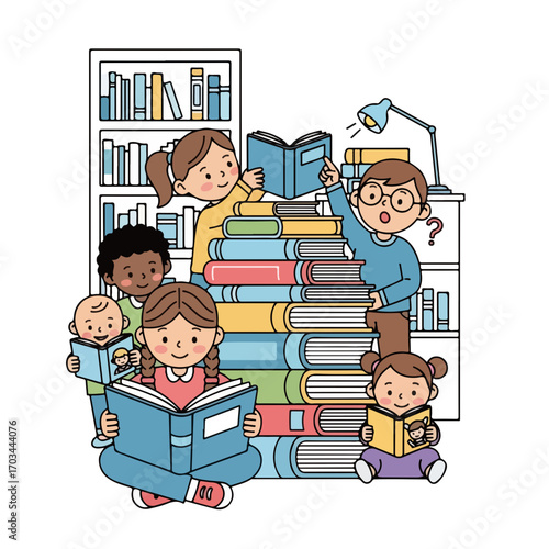 Library kids with books piled high, studying in classroom for education. Library kids are learning, reading stories together, finding knowledge. Cheerful library kids enjoy Back to School season.