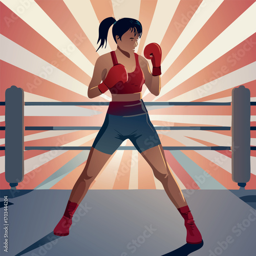 Female boxer poised in boxing ring, ready stance, red gloves, sunburst background.