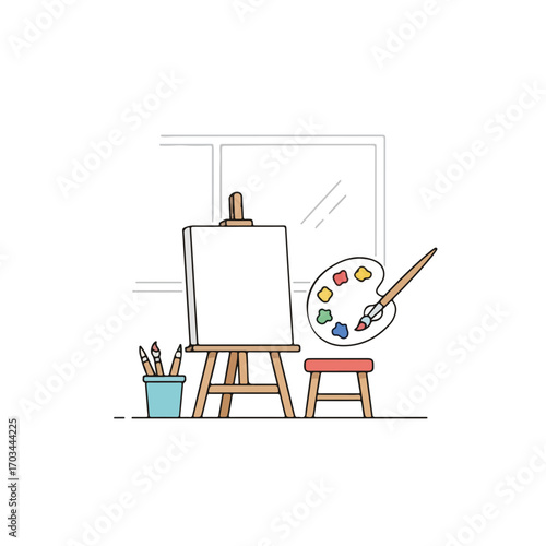 An art class school setup features blank canvas, paint palette, and brushes ready for students. Art class environment is staged for students to start learning painting and expressing their creativity.