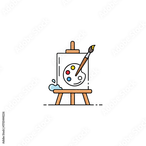 Art class school supplies featuring a painter's easel, a palette of colors and paintbrush. Art class school equipment encourages creativity and imagination. Perfect art class school advertising.