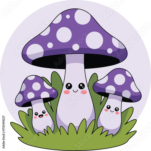 Delightful Purple Mushrooms with White Spots and Adorable Faces in a Light Background