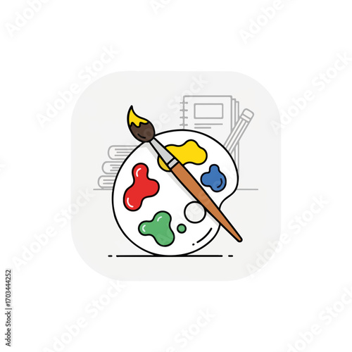 Art class school supplies with paint palette and brush. Art class preparation includes colorful paints and sketchbooks for artistic expression.