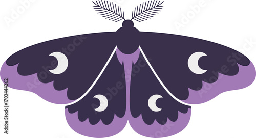 Dark Purple Lunar Moth Illustration with Crescent Moons Nighttime Insect Design