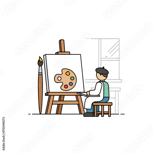 Student in art class school paints palette on easel. During art class school, boy creates art with brush and colors. Depicting art class school as creative outlet for back to school advertisements.