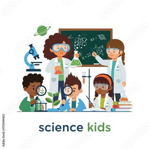 Group of science kids conducting experiments in classroom, surrounded by flasks, microscopes, and test tubes. Science kids are exploring scientific concepts, wearing lab coats and safety goggles.
