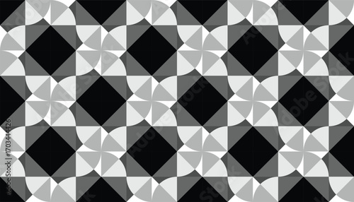 Seamless grayscale geometric pattern featuring interlocking pinwheel shapes and diamond elements for a modern abstract background