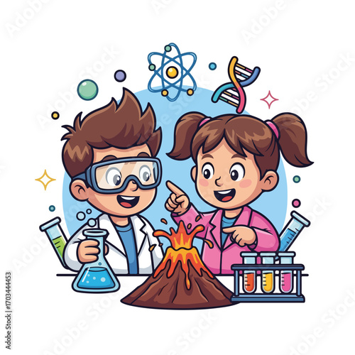 Science kids are doing experiment with volcano and chemical liquids. Science kids learning with molecules, lab glassware, and DNA structure, while girl pointing at volcano.