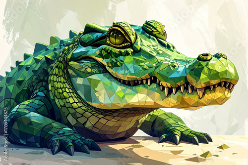 Cartoon crocodile designed in geometric style with simple shapes and bold colors, playful and minimal illustration for kids and education.