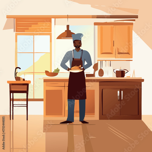 A Black chef proudly presents a roasted chicken in his home kitchen.