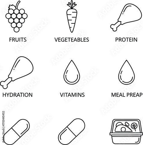 Set of simple line art icons for nutrition, diet, and a healthy lifestyle. Includes symbols for fruits, vegetables, protein, vitamins, and meal preparation.