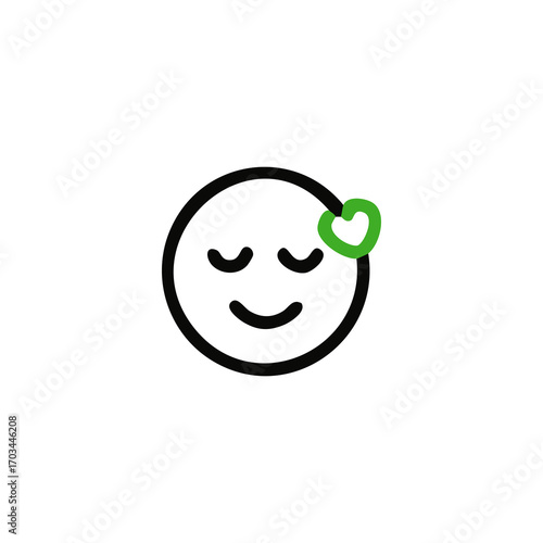 Simple black outline emoticon face with closed eyes and a small green heart above the head