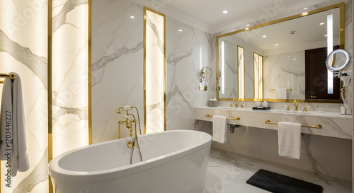 A luxurious hotel bathroom featuring a freestanding bathtub, double vanity with marble countertops, and elegant gold fixtures.