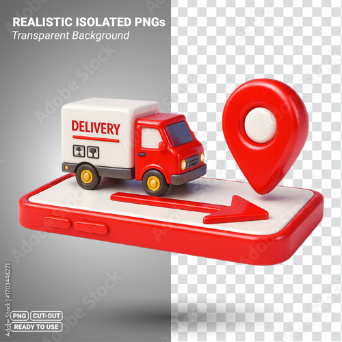 Red delivery truck driving across a smartphone toward a bold location pin, guided by a navigation arrow. 3D illustration, isolated on transparent background ready to be used.