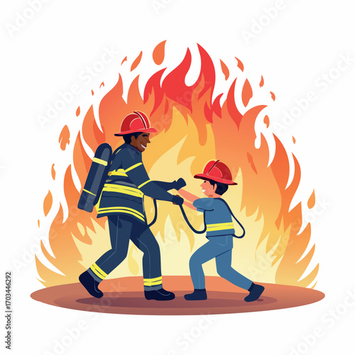 A firefighter in full gear rescuing a child from a raging inferno, demonstrating bravery.