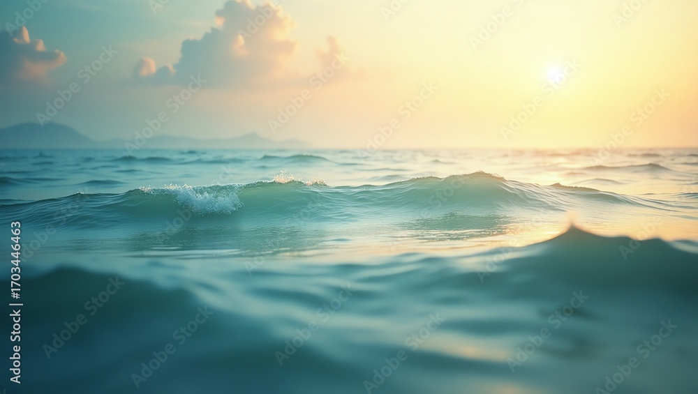 Obraz premium Ocean waves at sunset with distant islands