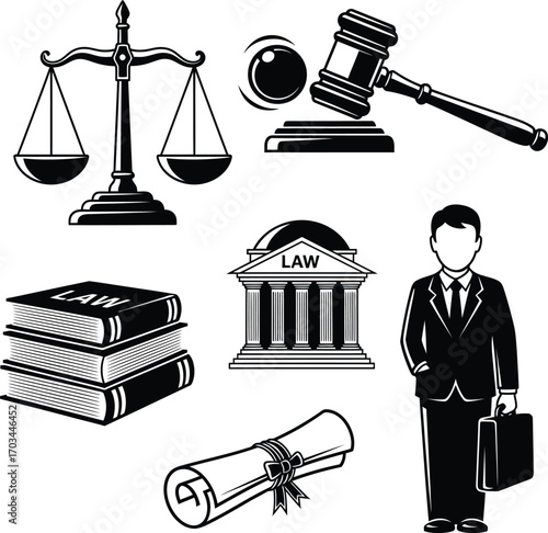 Law and justice icons. Scales, gavel, and courthouse vector illustration set.