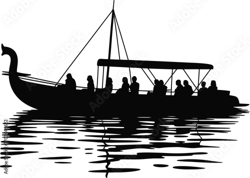 Viking ship with passengers on water longboat silhouette