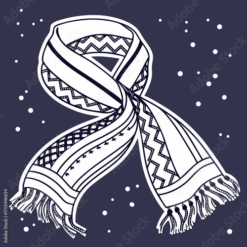 Cozy, intricately patterned scarf with fringed ends, perfect for winter fashion and holiday designs, evokes warmth and comfort