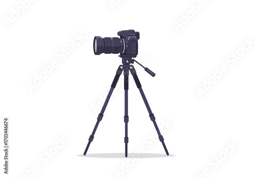 A camera atop a tripod featuring a lens body  controls set against a white background